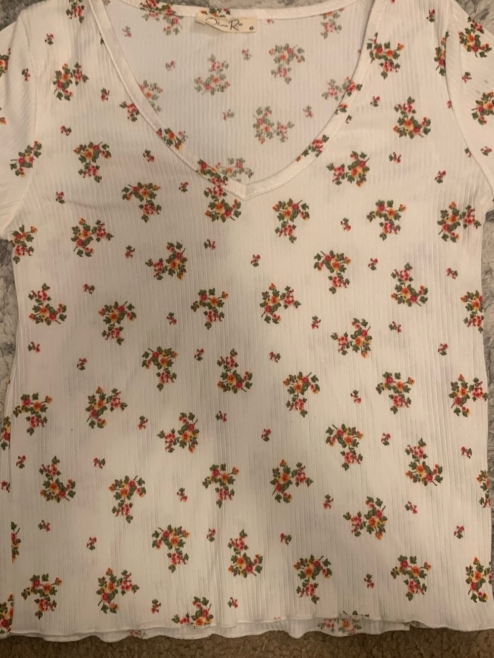 Olivia Rae White Ribbed Tee with Pink and Orange Floral Sprigs